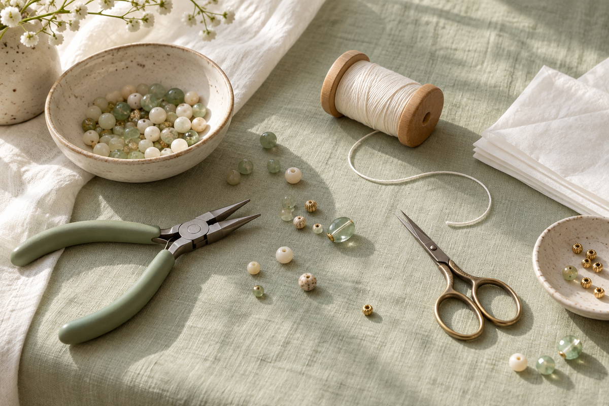 Crafting workspace with beads, thread and pliers on pale green linen